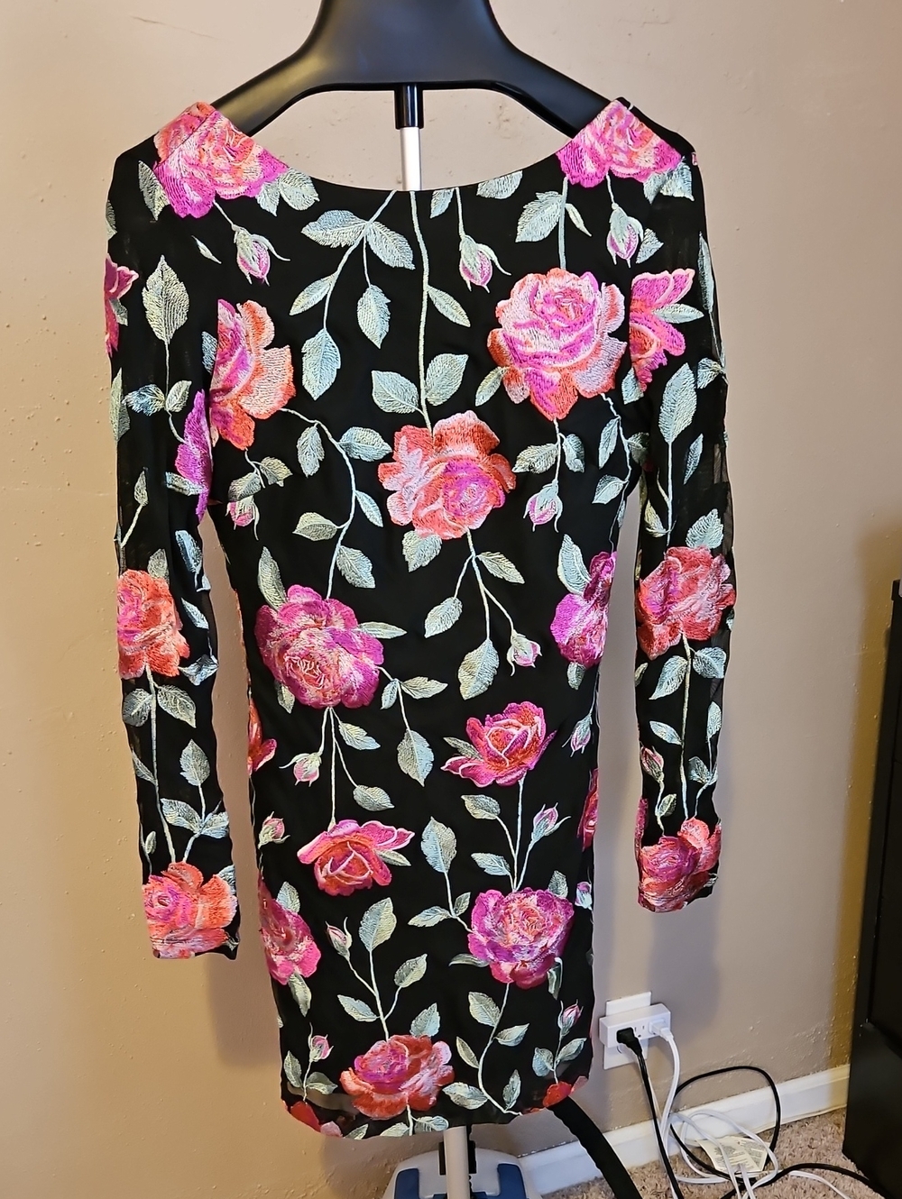 Siena Black Floral Embroidered Long-Sleeve Sheath Dress